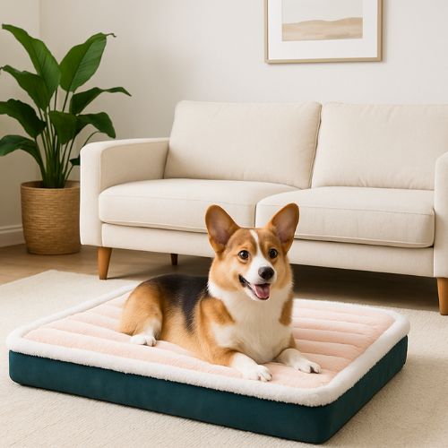 Un chien installé paisiblement sur un Lit pour chien orthopédique beige épais et moelleux, disponible en plusieurs tailles et couleurs offrant un sommeil réparateur