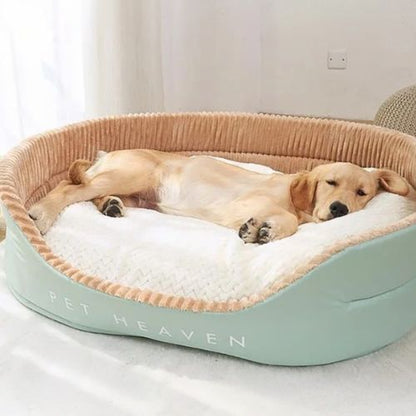 Golden retriever endormi sur un lit pour chien vert moelleux avec rebords surélevés