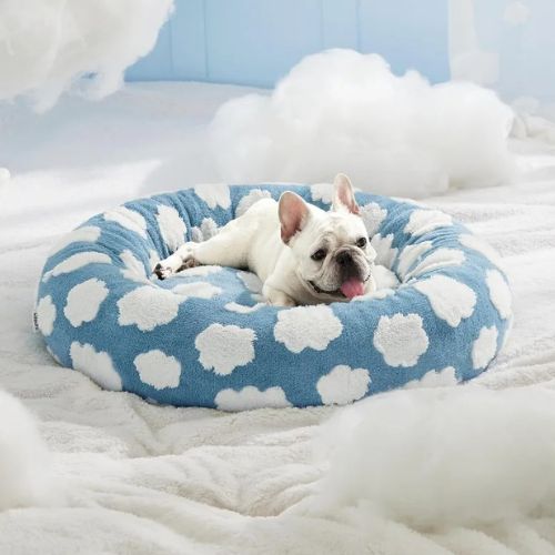 Petit chien blanc couché dans un panier chien moelleux bleu à nuages blanches, forme cocon avec rebords surélevés pour réduire le stress canin.