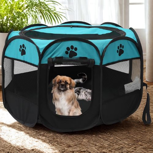 Parc intérieur pour chien bleu en tissu Oxford avec chiot à l’intérieur