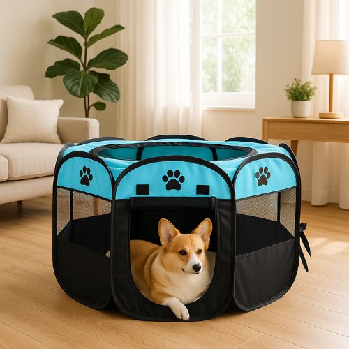Corgi dans un parc intérieur pour chien bleu, espace de repos apaisant