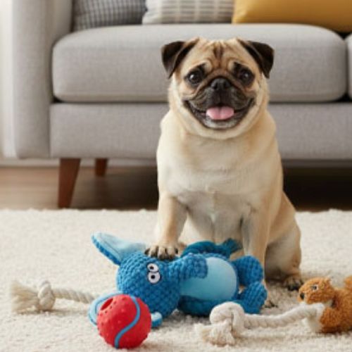 Un chien Carlin posant avec une peluche indestructible pour chien en forme d'éléphant bleu dans le salon