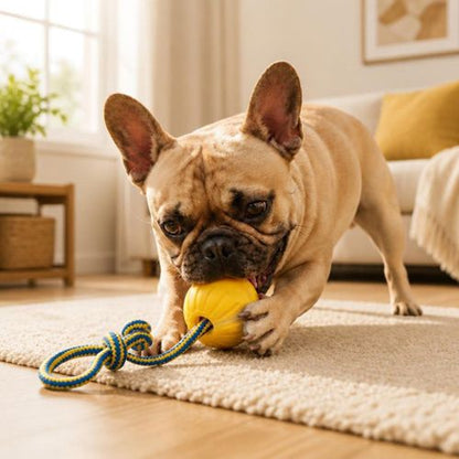 Bouledogue français jouant sur un tapis avec une balle avec corde chien
