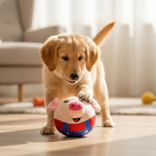 Balle chien interactive en peluche cochon sous la patte d'un chiot golden retriever