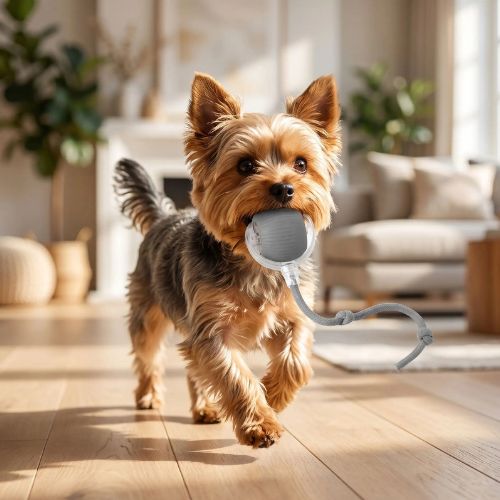 chien Yorkshire terrier jouant avec la balle interactive chien grise rechargeable