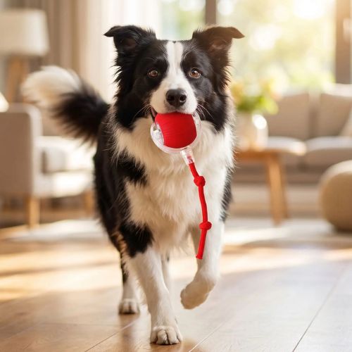 chien Border Collie jouant avec la balle interactive chien rouge rechargeable en intérieur