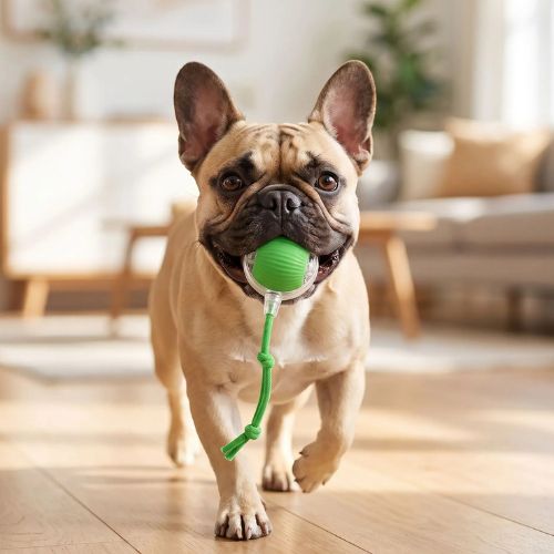 Chien Bouledogue Français courant avec la balle interactive chien verte avec corde