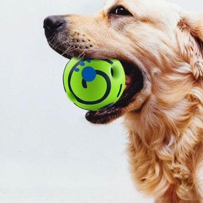 Chien courant avec une balle pour chien dans la gueule résistante avec motifs bleus idéale pour l'extérieur comme l'intérieur.