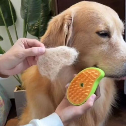 Un golden retriever apprécie le toilettage avec une brosse pour chien à vapeur, idéale pour les animaux poilus.