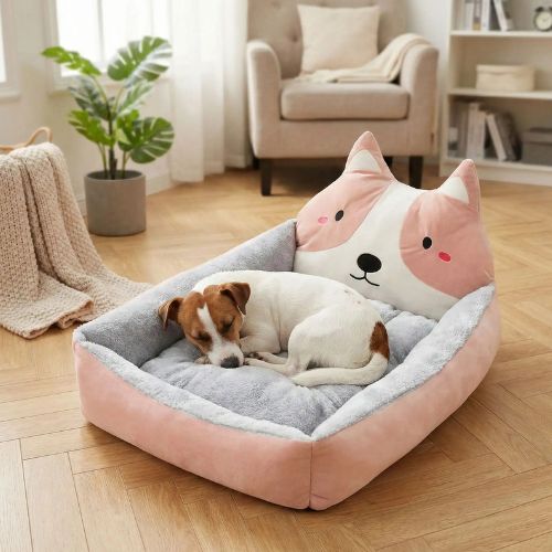 Un Jack Russell Terrier dort dans canapé lit pour chien confortable avec dossier décoratif chat couleur rose