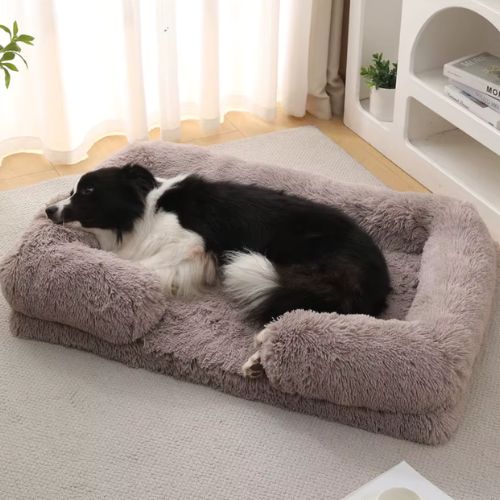 Chien noir et blanc allongé sur un canapé pour chien marron doux et rembourré, parfait pour repos et détente.