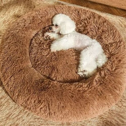 Un caniche blanc dort confortablement dans un coussin anti stress chien marron en peluche long moelleux doux au toucher