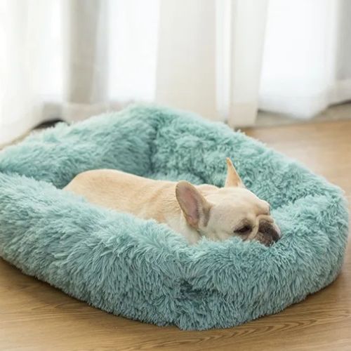 Coussin chien rectangulaire moelleux pour petit chien, idéal pour créer un espace cocon sécurisé dans le salon.