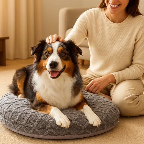 Chien heureux allongé sur un coussin chien gris, doux et moelleux, avec sa maîtresse qui le caresse dans un intérieur chaleureux.