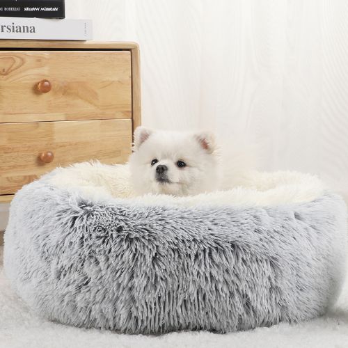 Petit chien blanc confortablement installé dans un coussin chien en peluche doux et moelleux, placé dans un intérieur chaleureux et lumineux.