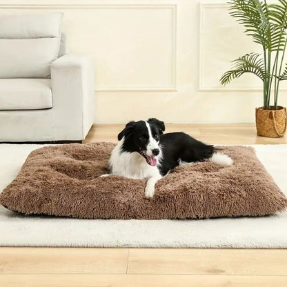 Coussin chien grand format en peluche marron, offrant un confort apaisant à votre compagnon. Parfait pour les grands chiens, ce couchage moelleux s’intègre harmonieusement à votre intérieur.
