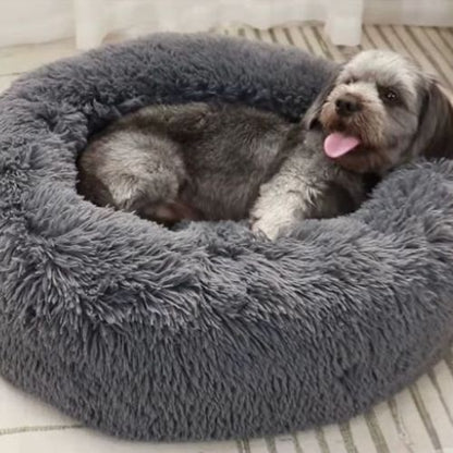 Un Caniche allongé sur un coussin déhoussable pour chien gris en peluche doux et robuste, conçu pour un repos confortable et durable.