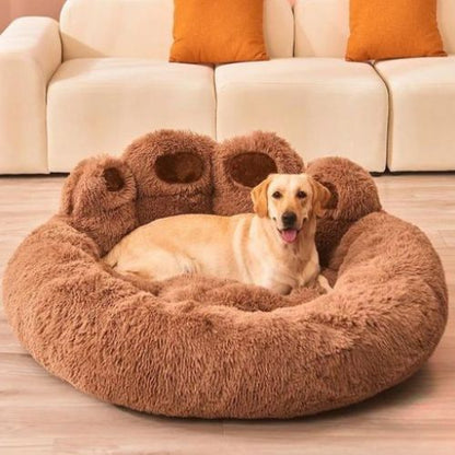 coussin-pour-chien-anti-stress-moelleux-doux-marron-douillet-confortable-molletonné-apaisant-antistress-antidérapant-imperméable-nid-chaud-petit-moyen-grand-taille-labrador-yorkshire-design-original-forme-patte-ours