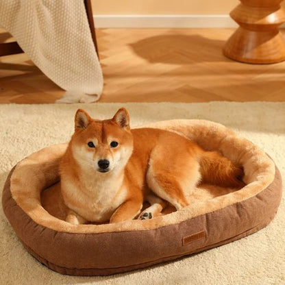 Un Shiba Inu assis dans son coussin pour chien couleur café élégant assorti à la décoration intérieure, confort et style.