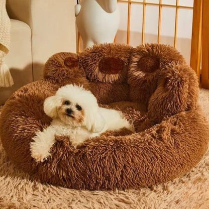 coussin-pour-chien-brun-douillet-moelleux-confortable-molletonné-apaisant-antistress-antidérapant-imperméable-nid-chaud-petit-moyen-grand-taille-design-original-forme-patte-ours