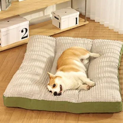 Coussin pour chien moelleux rectangulaire, occupé par un chien de taille moyenne au pelage doré et blanc