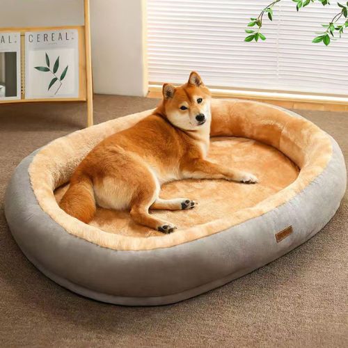 Un Shiba Inu allongé sur un coussin pour chien en tissu gris et intérieur beige, design cosy et apaisant.