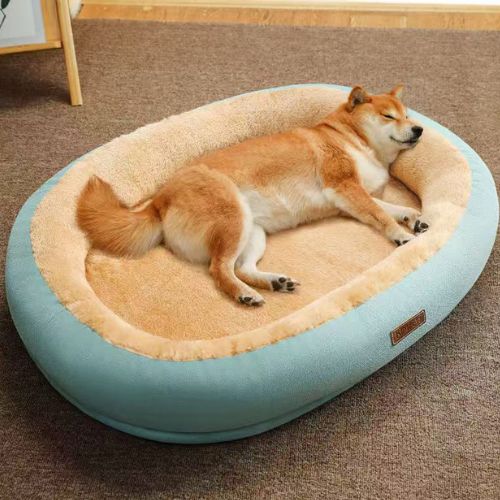 Un Shiba Inu dort profondément sur un coussin pour chien en tissu de couleur vert, format ovale et original.