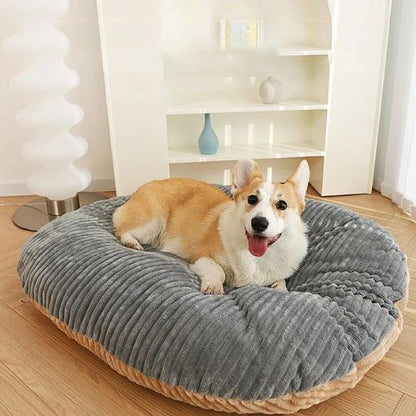Un Welsh Corgi Pembroke est allongé tranquillement sur un coussin pour chien déhoussable moelleux et doux posé au milieu d'une pièce.