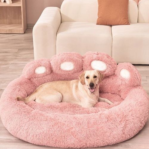 coussin-pour-chien-rose-douillet-lavable-moelleux-confortable-molletonné-apaisant-antistress-antidérapant-imperméable-nid-chaud-petit-moyen-grand-taille-labrador-yorkshire-design-original-forme-patte-ours