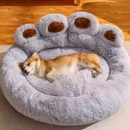 coussin-pour-chien-gris-cosy-douillet-moelleux-confortable-molletonné-apaisant-antistress-antidérapant-imperméable-nid-chaud-petit-moyen-grand-taille-labrador-yorkshire-design-original-forme-patte-ours.