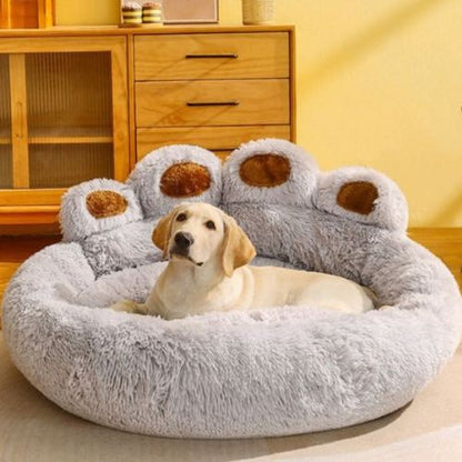 coussin-pour-chien-gris-douillet-moelleux-confortable-molletonné-apaisant-antistress-antidérapant-imperméable-nid-chaud-petit-moyen-grand-taille-labrador-yorkshire-design-original-forme-patte-ours
