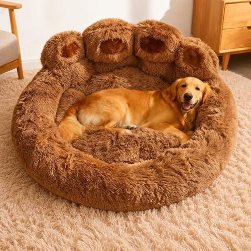 Un Golden Retriever détendu allongé dans son coussin pour chien en forme de patte, moelleux, couleur marron.