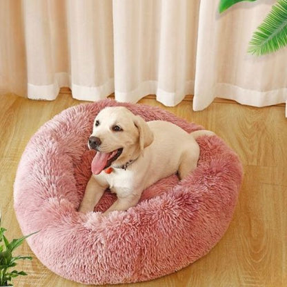 Un grand labrador blanc allongé paisiblement sur coussin pour chien XXL rose rond en peluche long moelleux doux.
