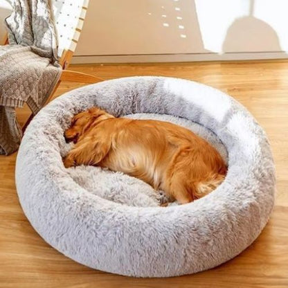 Un grand labrador dort paisiblement sur coussin pour chien XXL gris moelleux doux rond en peluche long.