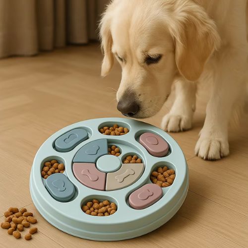 Golden retriever qui joue avec un jeu intelligence chien bleu éducatif