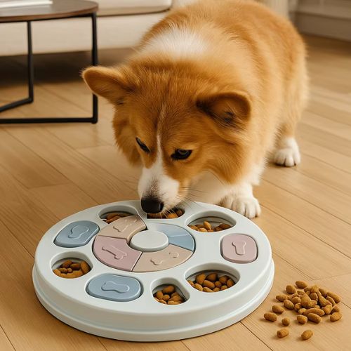 Corgi qui joue avec un jeu intelligence chien interactif rond rempli de croquettes