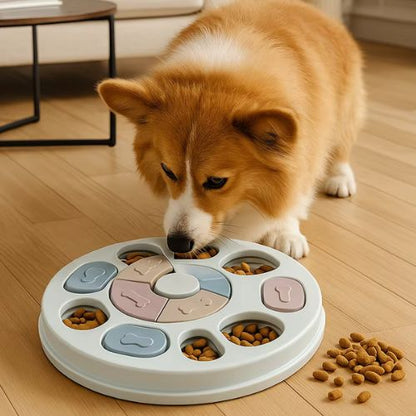Corgi qui joue avec un jeu intelligence chien interactif rond rempli de croquettes