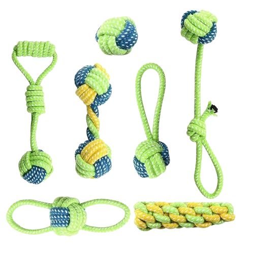 Collection variée de jouet en corde pour chien aux couleurs vert, bleu et jaune.