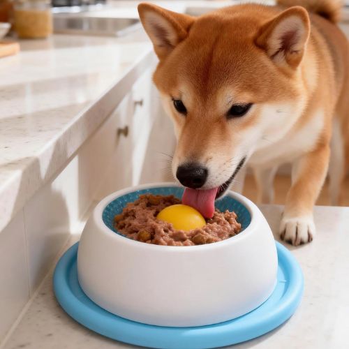 Shiba Inu mangeant lentement dans un bol blanc avec balle jaune et base bleu anti-dérapante, démontrant l'efficacité de ce jouet chien anti-glouton pour ralentir la prise de repas et stimuler l'occupation mentale.