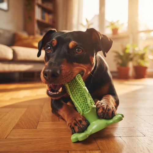 Un petit chien jouant avec enthousiasme avec un jouet mastication chien vert vif à picots dentaires.