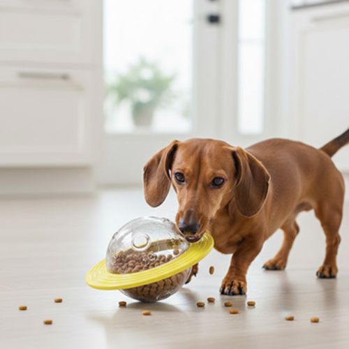 Jouet indestructible pour chien jaune interactif distributeur croquettes - Teckel stimule son intelligence en mangeant