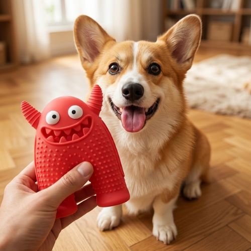 Jouet mastication chien Monstre™ en silicone rouge avec couineur et cavité à friandises