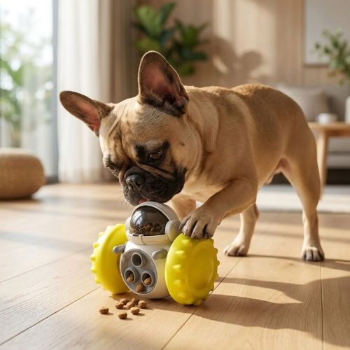 Un Bouledogue Français concentré avec un jouet pour chien jaune robot anti-stress distribuant des friandises