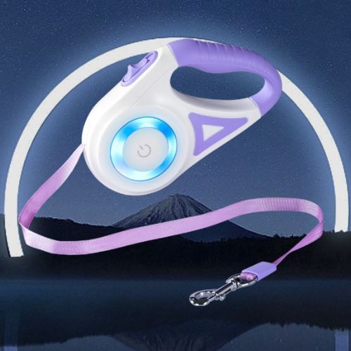Laisse pour chien rétractable violette avec poignée ergonomique et lumière LED intégrée.