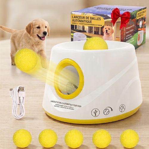 Lanceur de balle pour chiens BalleFolie blanc et jaune avec cinq balles jaunes et câble USB