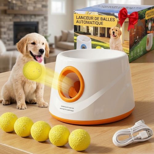 Lanceur de balle pour chiens automatique blanc et orange avec 5 balles jaunes et câble USB
