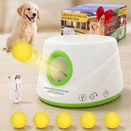Lanceur de balle pour chiens automatique blanc et vert fluo livré avec 5 balles et câble USB