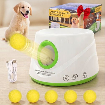 Lanceur de balle pour chiens automatique blanc et vert fluo livré avec 5 balles et câble USB