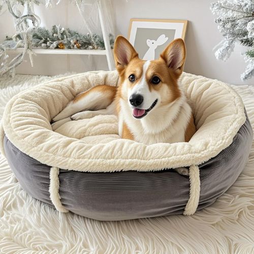 Chien heureux allongé dans un lit chien rond douillet en velours gris avec intérieur moelleux crème, idéal pour confort et bien-être.