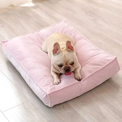 Un bouledogue blanc allongé confortablement sur un lit pour chien rose épais 